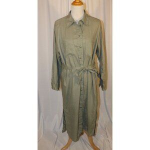 H&M Linen-blend shirt dress MEDIUM Khaki Green Belted Long Sleeve